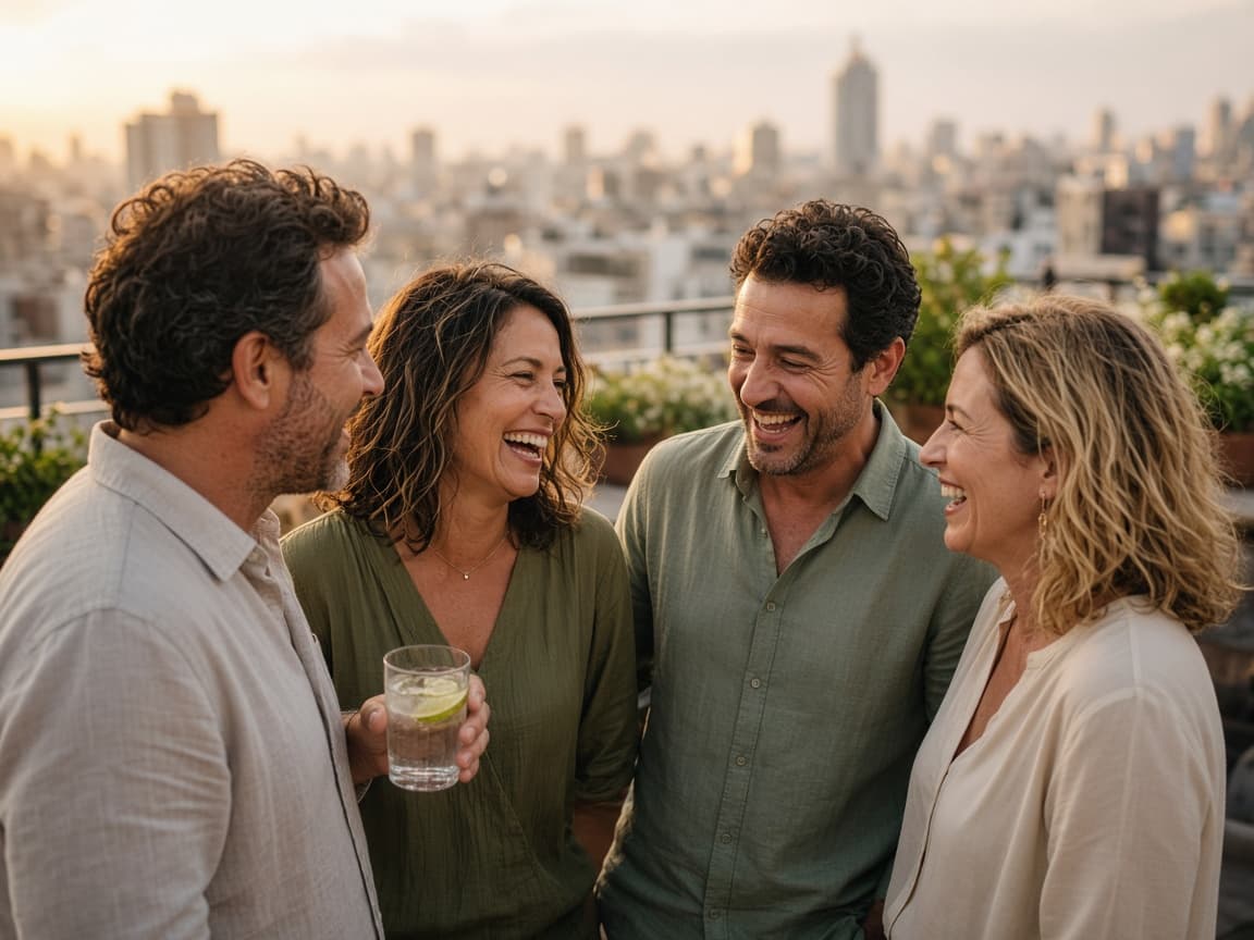 A group of friends laughing together on a rooftop bar at golden hour, one holding a soda water with lime