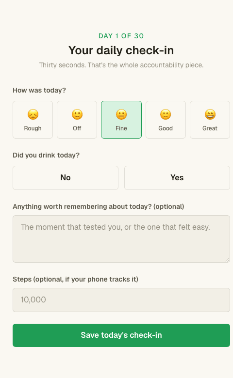 Your actual daily log screen: mood, whether you drank, a note, and steps