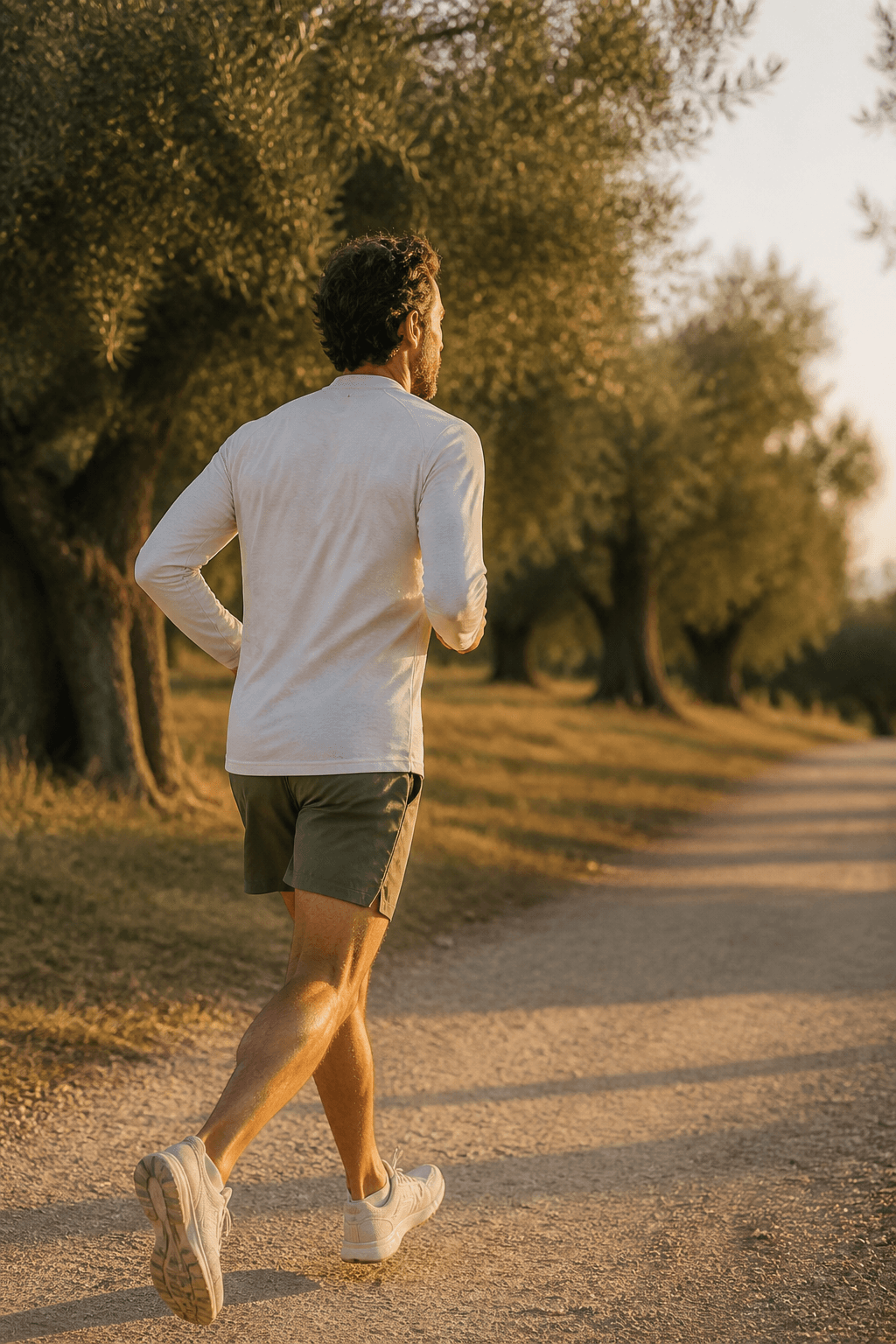 A runner on a dawn road, already on the block